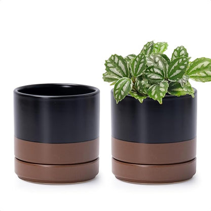 D'vine Dev Set of 2 Plants Pots, 4.7 Inch Ceramic Planter Pot for Plants with Drainage Hole and Saucer, Black/Speckled Tan, 94-V-B-7