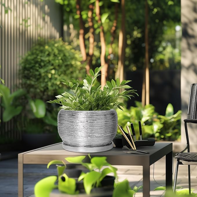 SQOWL Ceramic Pot for Plants - 10 Inch Planter Indoor, Round Large Planter Outdoor with Drainage Hole and Plant Saucer, Decorative Ceramic Flower Pot, Kitchen Decor, Housewarming Gifts, Silver