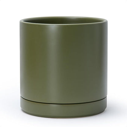 D'vine Dev 10 Inch Ceramic Planter Pot, Olive, 94-O-E-J | Modern Cylinder Design, Drainage Hole & Saucer Included, Stable Structure, Elegant Home Accent