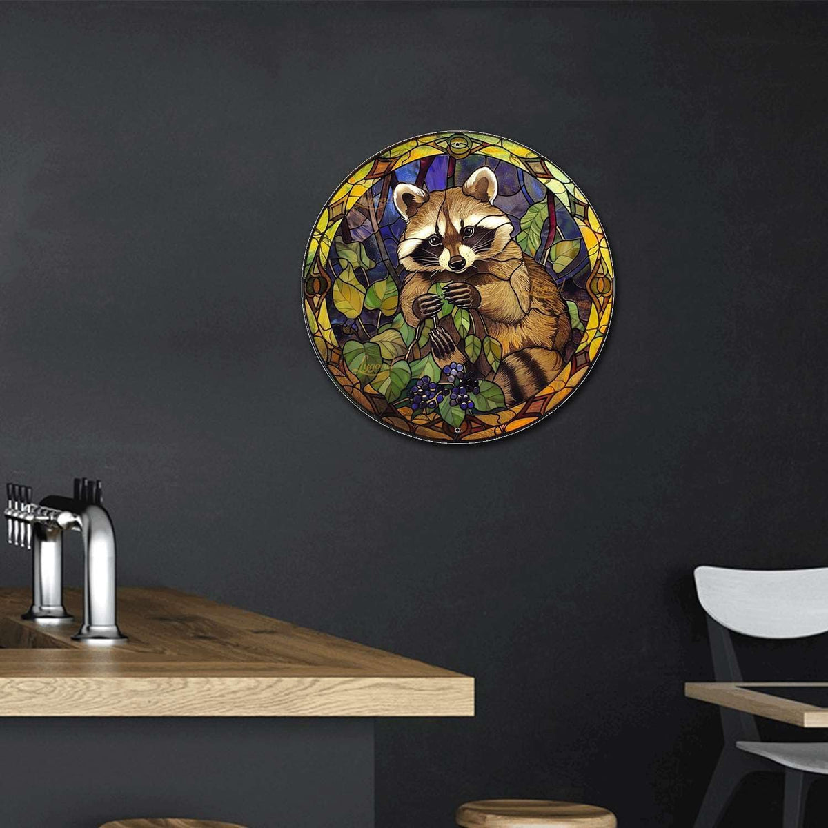 Lygond Metal Tin Sign - Circular Stained Glass Raccoon - Pub Sign - 1212 Inches