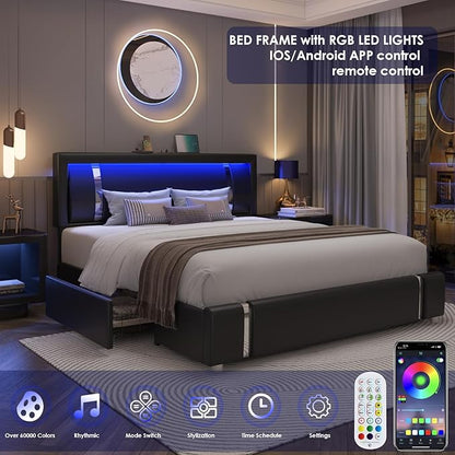 Keyluv King Size Bed Frame with RGB LED Lights & 2 Storage Drawers, Modern Upholstered Platform Bed with Iron Metal Decor, USB Charging Ports, Black