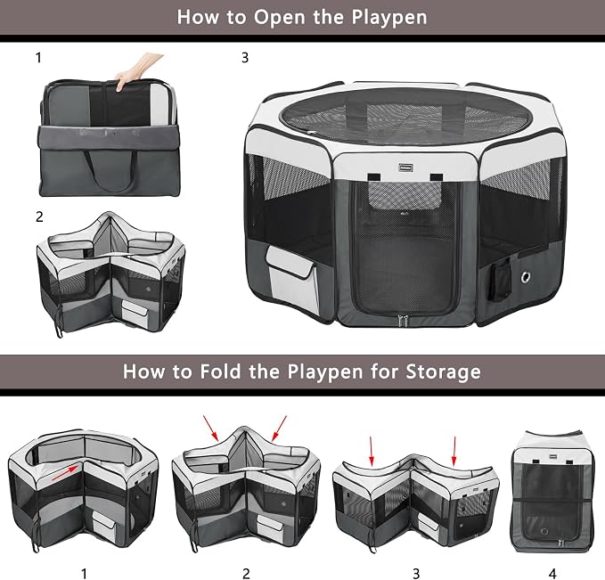 Dog Playpen Portable Pet Play Pens for Small Dog/Cat/Rabbit/Chicks, Cat Playpen Indoor/Outdoor with Carring Case, Removable Zipper Top and Bottom (Gray, Extra Large (55"x55"x30"), 8)