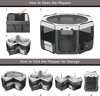 Dog Playpen Portable Pet Play Pens for Small Dog/Cat/Rabbit/Chicks, Cat Playpen Indoor/Outdoor with Carring Case, Removable Zipper Top and Bottom (Gray, Medium (36"x36"x20"), 8)