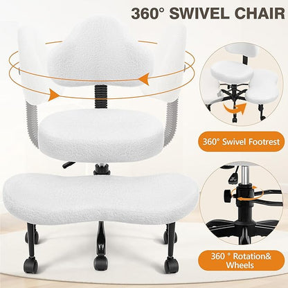 Cross Legged Office Chair, Criss Cross Desk Chair ADHD Meditation Kneeling Yoga Seat with Adjustable Height, Lumbar Support, Wider Footrest and Wheels (Pearl White)