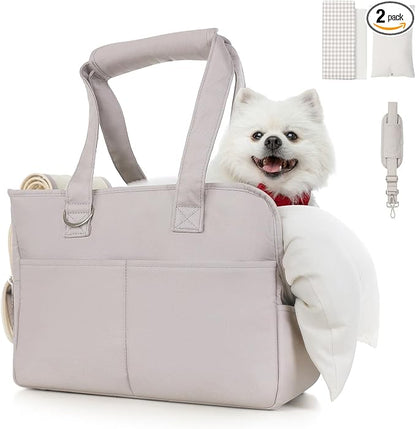 JourCraf Dog Purse Carrier for Small Dogs & Puppies Up 12 Lbs, Soft Cotton Tote Pet Shoulder Bag with Pockets, Foldable & Washable Breathable Puppy Carrier for Yorkie, Chihuahua & Cats - Gray