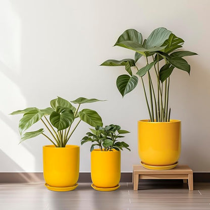 12 Inch Pots for Plants - Ceramic Planter for Outdoor Plants Large Plant Pot Indoor with Drainage Hole Modern Flower Pot for Home Patio Office Decor Yellow