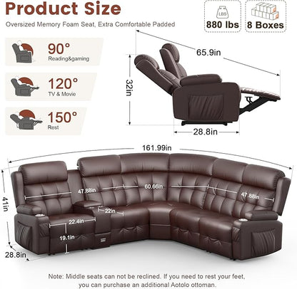 Aotolo Reclining Sectional Couches for Living Room, L Shaped Large Sectional Reliner Sofa, Faux Leather Couch, Home Theater Seating with Console, Recliner Couch & Sofa