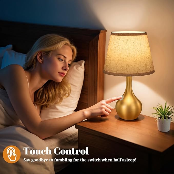 Seealle Touch Table Lamps for Nightstand, 3-Way Dimmable Small Bedroom Lamps for Night Stands, Gold Bedside Lamps for Living Room, Kids Room, End Table(LED Bulb Included)