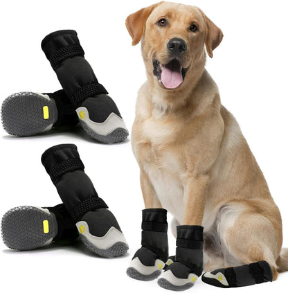 Dog Shoes for Hot Pavement Anti-Slip Dog Boots & Paw Protectors for Summer Rainy Day Dog Snow Boots Waterproof Dog Shoes for Small Medium Large Dogs with Reflective Straps for Hiking 4Pcs
