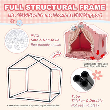 Indoor Dog House with Frame,Cute Dog Tent Bed with Cover Cave,Pink | Breathable,Washable,and Foldable House, Suitable for 22-40 Lb, Large (25"×25"×25"),Inside Dog House