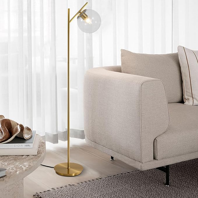 Mid Century Brass Floor Lamps Vintage Clear Standing Lamp for Living Room Modern Tall Freestanding Lamps Retro Farmhouses Globe Floor Lamp for Bedroom Office