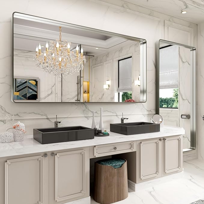 LOAAO 72X36 Inch Brushed Nickel Bathroom Mirror, Rounded Rectangle Silver Metal