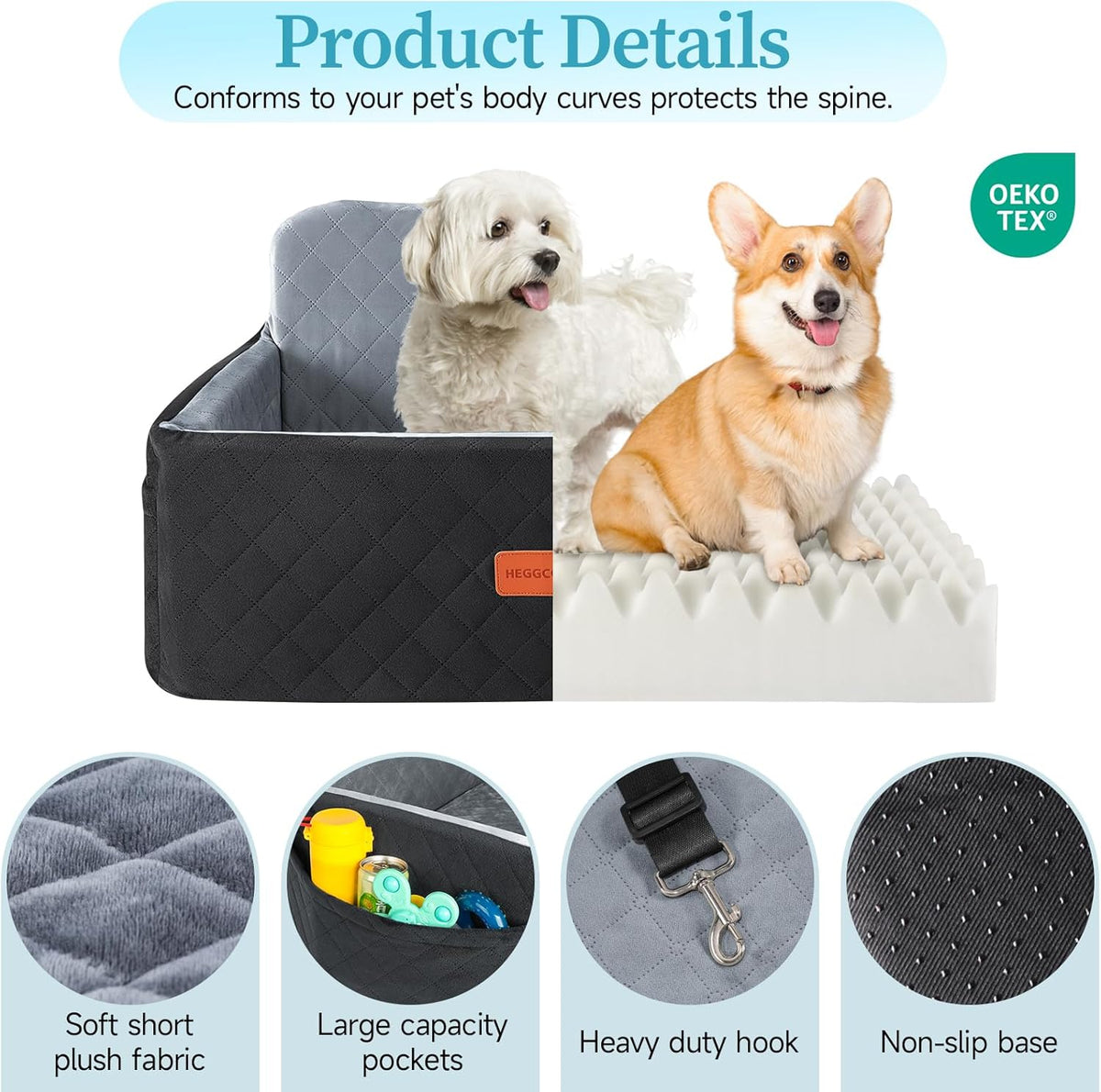 Dog Car Seat for Medium/Large Dogs, Pet Booster Seat for Under 55 lbs or 2 Small Dogs, Detachable & Washable Dog Car Bed for Backseat with 2 Safety Leashes (Black/Grey)