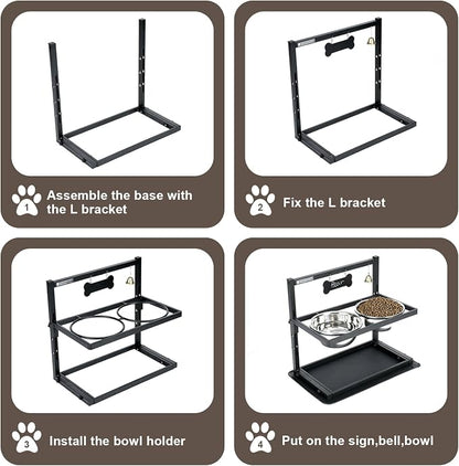 Elevated Dog Bowls with Slow Feeder for Large and Medium Dogs, Adjustable Height Raised Dog Bowl Stand with 2 Stainless Steel Bowls and Spill-Proof Mat, Dog Feeder for Healthy Eating (Grey)