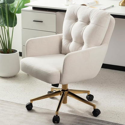 BALIAA Flannel Office Chair Vanity Chair Comfy Home Office Desk Chairs with Lumbar Support, Modern Plush Fabric Desk Gold Legs Swivel Task for Home Office Bedroom Study White Upgraded Version