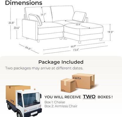 CHITA Modular Sectional Loveseat Sofa with Ottoman, Modern Cloud Couch for Living Room and Apartment, 2 Seat Extra Comfty Sofa, Removable Cover, 73.6 Inch Width, Cream