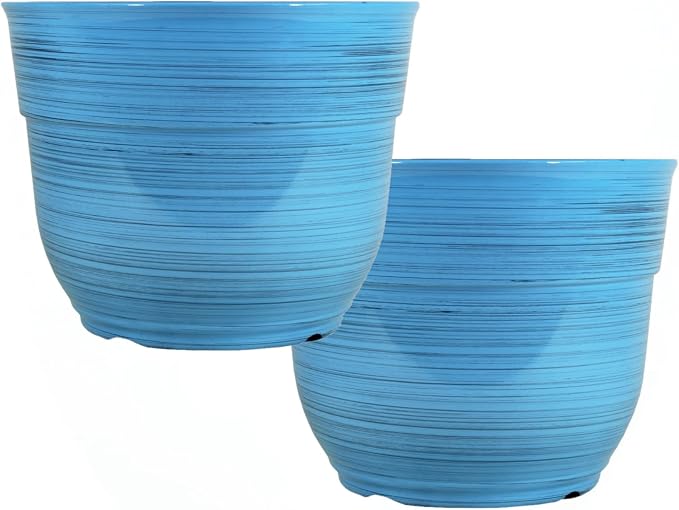 Garden Elements Indoor/Outdoor Glazed Brushed Happy Plastic Planter, Large, Bright Blue, 15" (Pack of 2)