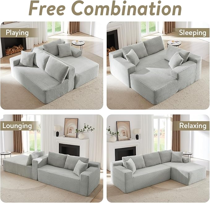 Modular Cloud Sectional Couch with L-Shape Chaise,Modern Upholstered Couches with Deep Seat,Corduroy Sponge Compressed Sofa for Living Room,No Assembly Required (Light Gray)