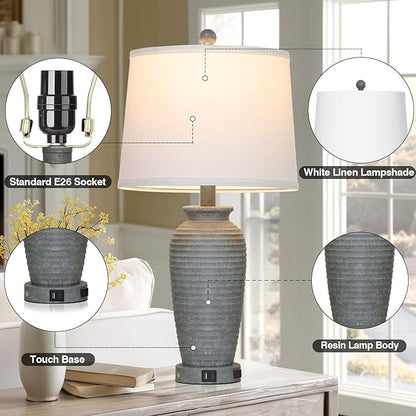 25" Grey Farmhouse Jar Table Lamps, 3 Way Touch Control Rustic Bedside Lamps with USB A+C Ports & AC Outlet, Pot Nightstand Lamps for Bedroom End Table (LED Bulbs Included)