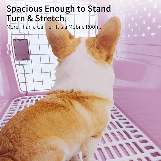 RIZZARI Pink Pet Carrier with Wheels for Cats and Small Dogs Up to 25 Lbs, Top Opening Hard-Sided Cat Carrier, Rolling Travel Kennel with Pull Strap, Feeding Bowl, Metal Door and Ventilated Design