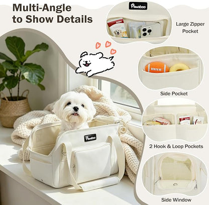 Pawaboo Dog Purse Carrier for Small,Under 9 Lbs | Large Pockets,Safety Leash,Soft Cushion,Breathable Mesh Window,Lightweight Travel,Beige