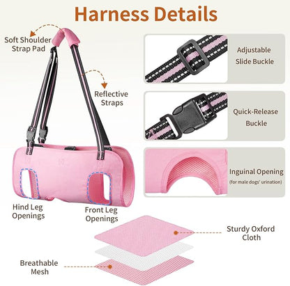 Full Body Dog Lift Harness, Support Senior & Disabled Dogs Walking | Help Up & Down Stairs Grooming, Dog Sling Backpack, Front Hind Leg Joint Injuries, Reflective, Soft Padded Handle | Pink, M