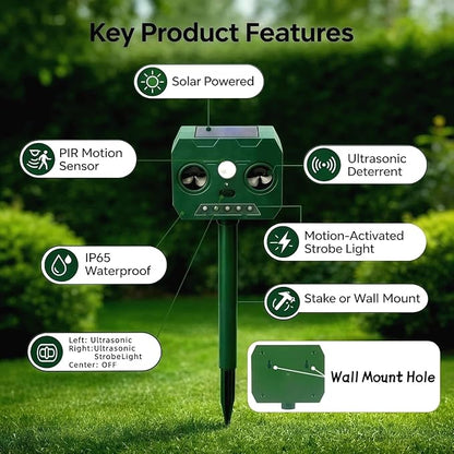 1 Pack 2026 Upgrade Solar Ultrasonic Outdoor Animal Repeller with Motion Sensor, Raccoons, Deer Squirrels, Dogs, Cats, Rabbits, and Skunks. IP65 Waterproof, with Flash Lights for Yard Garden