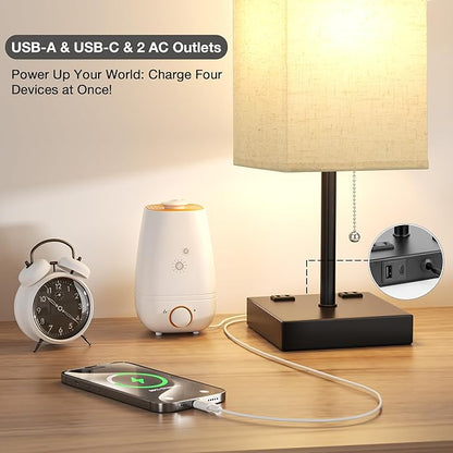 aooshine Beige Table Lamp for Bedroom - 3 Color Temperature 3000K 5000K 4000K Bedside Lamp, Pull Chain Control, USB A and C Ports, AC Outlets, Bulb Included, Medium