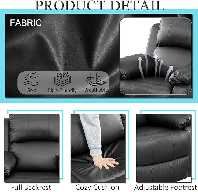 Caberryne Leather Recliner Sofa Set，Leather Reclining Couch for Living Room Furniture Sets，Black Recliner Couch with 5 Recliners for Living Room/Office/Theater Seating(Sofa Set 3 Pieces)