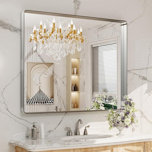 LOAAO 40X36 Inch Brushed Nickel Bathroom Mirror, Rounded Rectangle Silver Metal