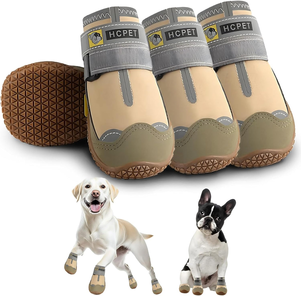 Hcpet Dog Shoes for Large Dogs, Waterproof Dog Booties for Small Medium Dogs, Anti-Slip Dog Boots & Paw Protectors for Hot Pavement Winter Snow Hiking with Reflective Straps Khaki Size 6