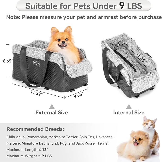 PETSFIT Center Console Dog Car Seat, Portable Pet Car Seat with Safe Protective Hooks, Luxury Dog Car Seats for Small Dogs Includes Safety Leash and Storage Pocket for Pets Up to 9 lbs (Black)