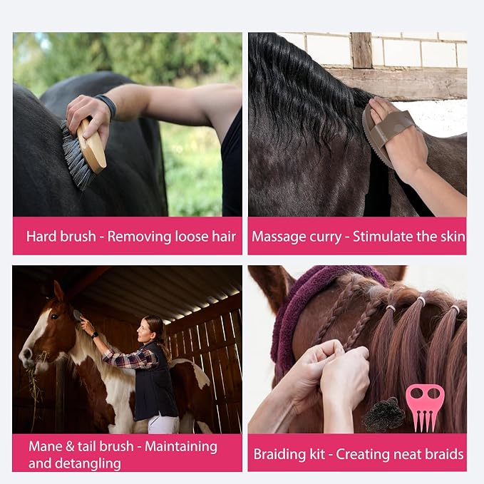 Horse Grooming Kit 13 Piece, Horse Brushes for Grooming Supplies with Tote Bag, Horses Tack Brush Set for Effective Grooming and Cleaning, Gift for Horse Riders Beginners (Pink)