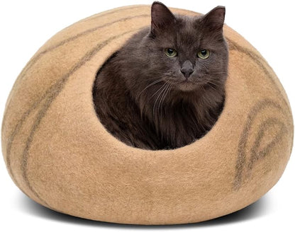 MEOWFIA Cat Cave – Premium Felt Cat Bed for Indoor Cats, Handmade 100% Merino Wool (Beige, Medium)