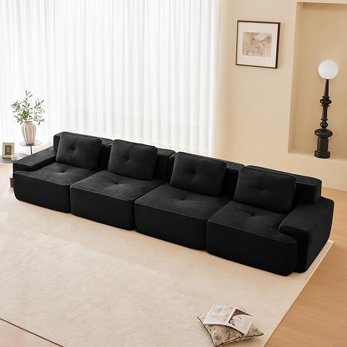 150" Modern Corduroy Cloud Sofa, Boneless Modular Large Sectional Couches for Living Room, Black 4 Seater Compressed Memory Foam Couch, Extra Deep Seat, No Assembly