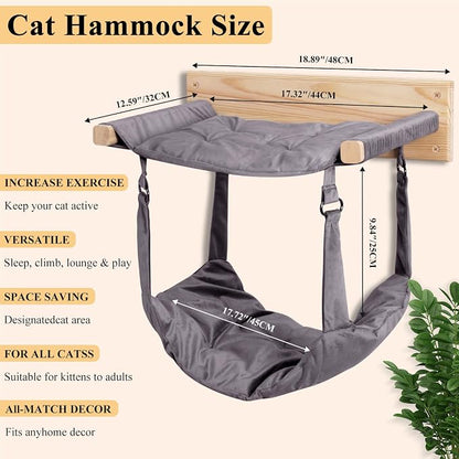 JSPYFITS Wooden Cat Furniture Wall Mounted, Double Layer Hammock, Large Size 18.9″ Removable Multi-Function Cat Bed for Sleep/Play/Climb, Kitten Window Perch, Easy DIY Installation(Grey)