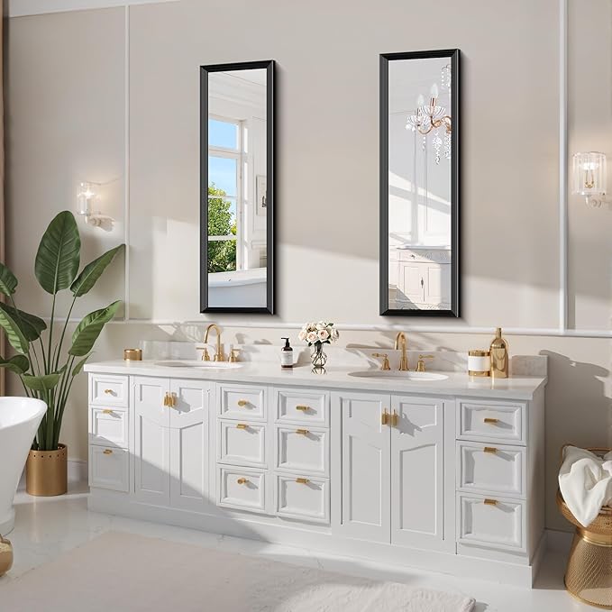 Black Bathroom Mirror 14 x 48 Inch Rectangle Wave Beveled
