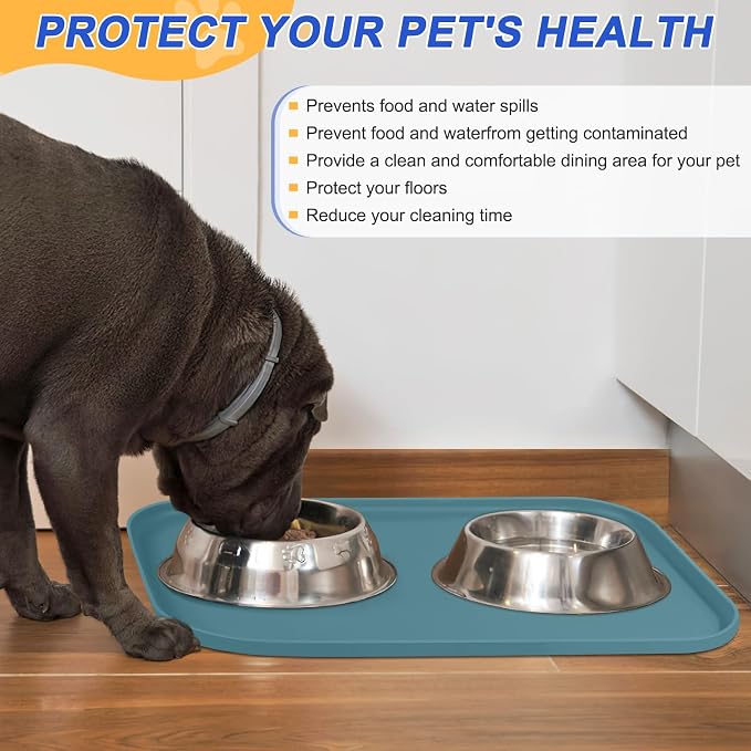 SMILOOL Waterproof Silicone Pet Food Mat with Raised Edge for Dog & Cat | 19" x 12" Non-Slip Pet Feeding Mats with Lip for Food & Water Bowl, Food Grade, Easy Cleaning, Salte Blue