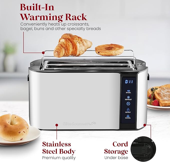 Elite Gourmet ECT5322 Long Slot 4 Slice Toaster, Countdown Timer, Bagel