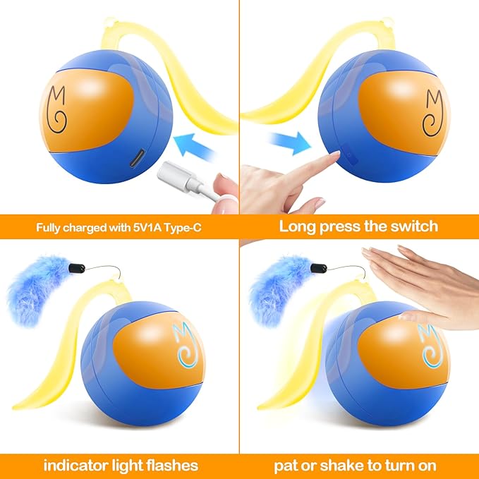 Migipaws Interactive Cat Ball Toy Set, Fun Tracker, Glowing Chase Ball with MystiChaser Pouch, Fluffy Tail, A Small Mice(Blue)