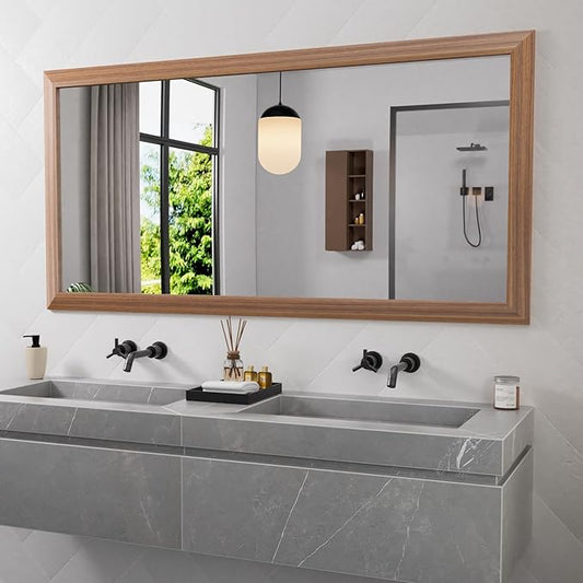 Amorho Bathroom Mirror, 60 X30 Inch Wall Mirror, Walnut Wood Grain Metal Framed