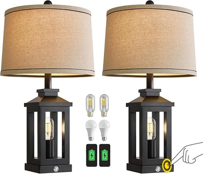 23.75" Retro Farmhouse Black Table Lamp for Living Room Bedroom Nightstand Set of 2 Touch Control Bedside Nightlight Vintage Modern Lamp with USB C+A Ports and 2 Light Sources