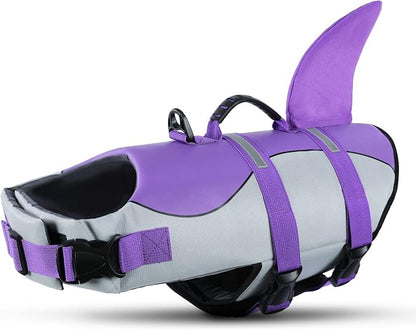 Dog Shark Life Jacket with Rescue Handle - Adjustable Reflective Dog Life Preserver for Small Dogs, Purple