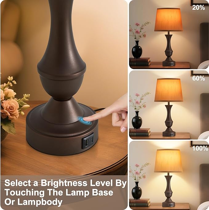 Luvkczc 22" Table Lamp Set of 2 - Farmhouse Vintage Brown Bedside Lamp with Brown Fabric Shade, Dimmable, USB C+A Ports, Nightstand Lamp for Living Room Bedroom (Bulb Included)