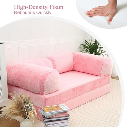 COMAX 4-in-1 Futon Sofa Bed, Queen Size Foldable Couch with L-Shaped Armrests, Convertible Sleeper Chair Bed, Comfortable Lounge Mattress for Living Room and Bedroom, Snow Pink