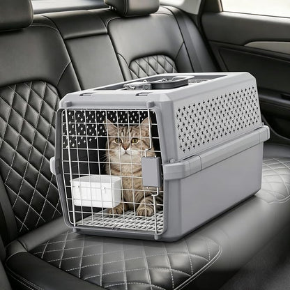 RIZZARI Gray Pet Carrier for Medium Dogs & Cats, Hard-Sided Travel Kennel | Spacious Interior,Reinforced Side Latches,Stable Carrying Handle,Wide Front Entry,Supports Daily Travel,Light weight to Carry