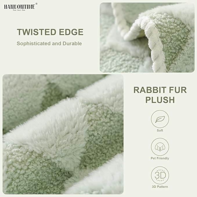 HANDONTIME Non-Slip Pet Couch Cover Washable, Plush Faux Fur Couch Protector for Cushion Pet-Friendly Sofa Covers for Dogs, Checkered Diamond Sectional Covers Dog Mat for Sofa (Green, 35.6" x 70.9")