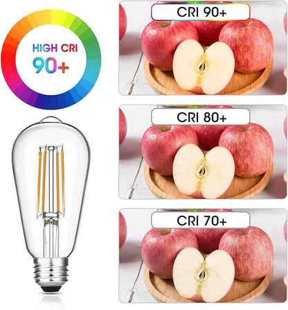 Vintage LED Edison Bulbs, 6W, Equivalent 60W, Dimmable, High Brightness Warm White 2700K, ST58 Antique LED Filament Bulbs with 90+ CRI, E26 Standard Base Light Bulbs, Clear Glass, Pack of 4