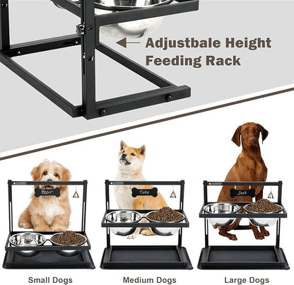 Elevated Dog Bowls with Slow Feeder for Large Dogs – Adjustable Raised Stand with 2 Stainless Steel Bowls & Spill-Proof Mat, Non-Slip Dog Feeder for Large & Medium Dogs (Black)