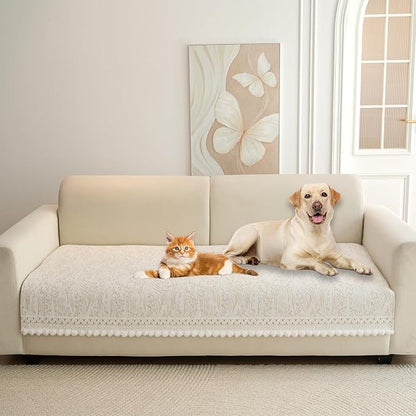 HANDONTIME Chenille Pet Couch Cover Floral Pattern – Soft Fringed Edges, Non-Slip Washable Sofa Slipcover, Jacquard Sofa Cushion Cover, Protects Furniture from Dogs, Cats & Kids (Khaki,35.4" x 82.7")